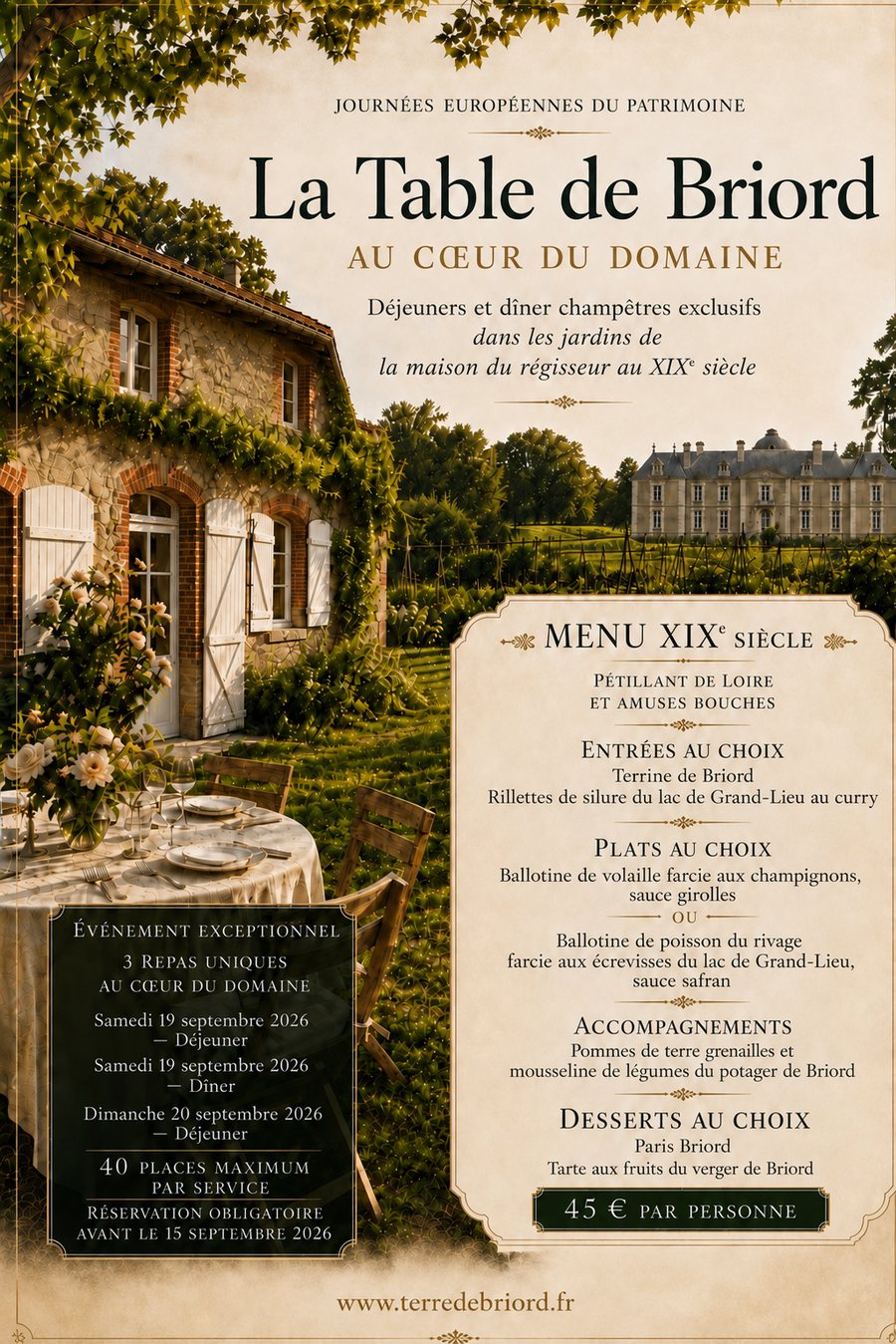La Table de Briord au cœur du domaine — Journées européennes du Patrimoine, 19 et 20 septembre 2026. Menu XIXe siècle, 45 € par personne hors boissons.